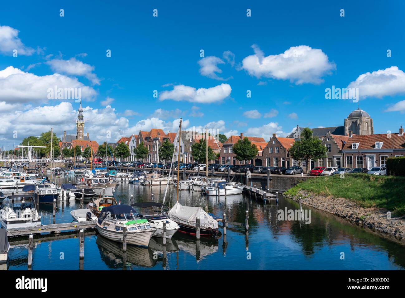 Marina, in the background the historic town hall and the Great Church, Veere, Zeeland, Netherlands, Europe Stock Photo