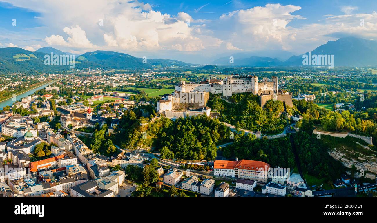 Beautiful aerial drone panorama of Salzburg city in Austria. Stock Photo