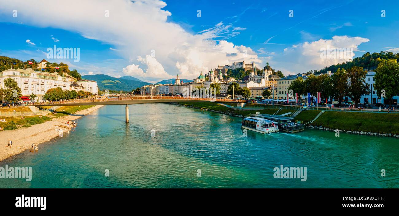 Beautiful aerial drone panorama of Salzburg city in Austria. Stock Photo