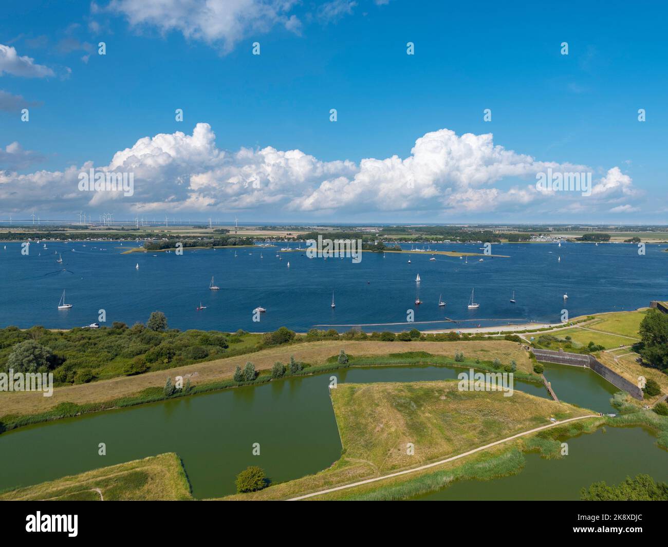 Aerial view with view over Veerse Meer, Veere, Zeeland, Netherlands, Europe Stock Photo