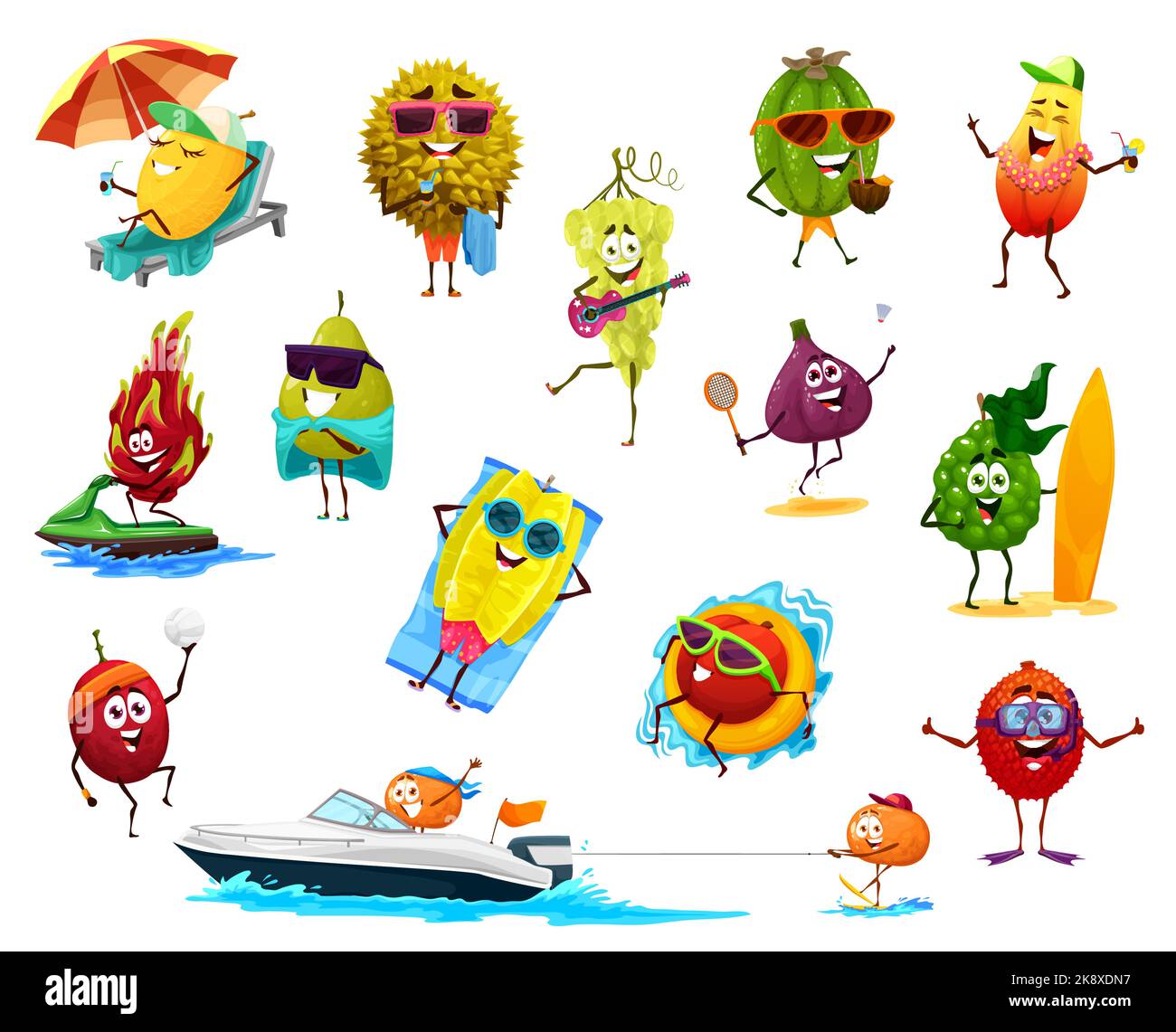 Cartoon cheerful tropical fruit characters on summer beach vacation
