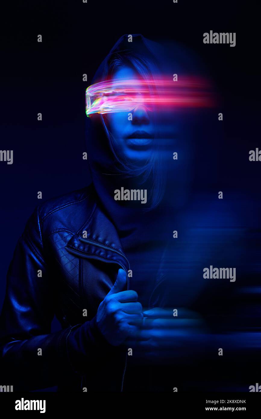 Woman is using augmented reality headset. Concept of virtual, augmented