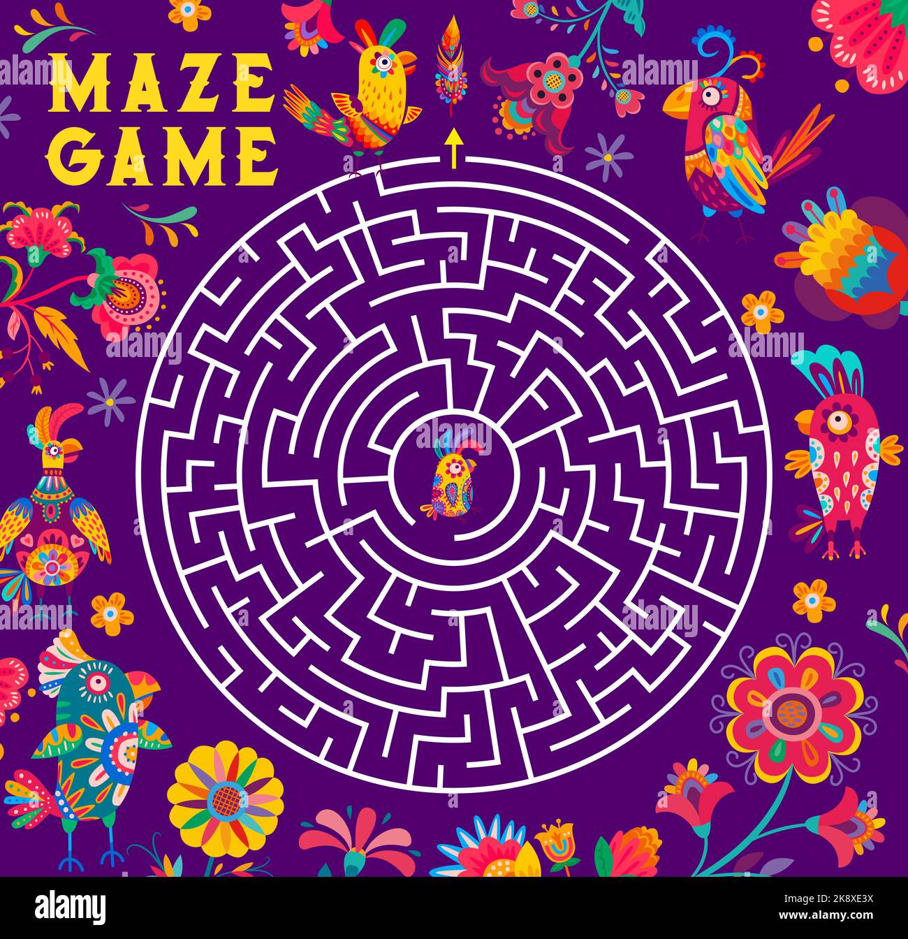 Round labyrinth maze. Help to brazilian parrot find his friends