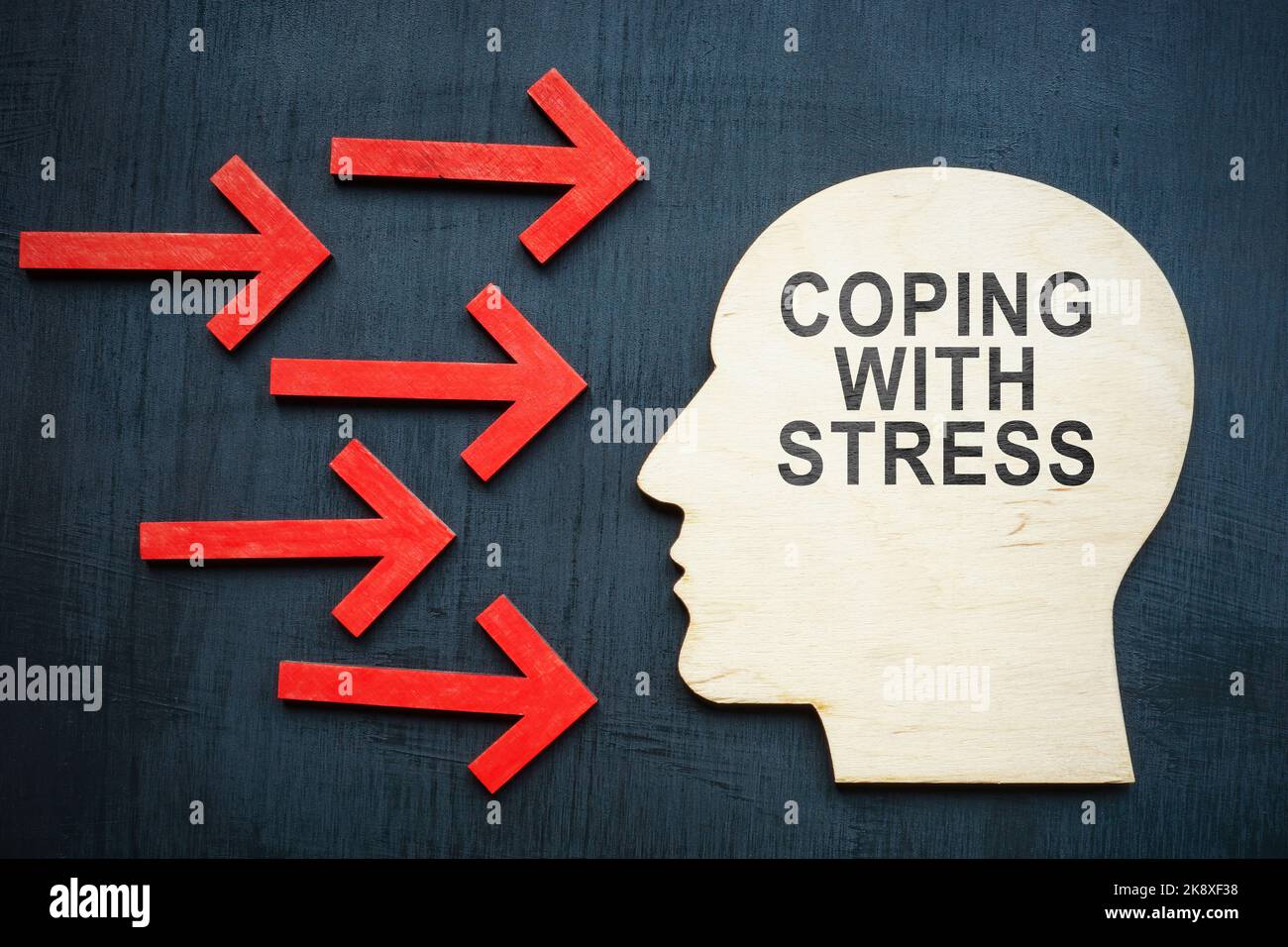 Head with sign coping with stress and red arrows. Stock Photo