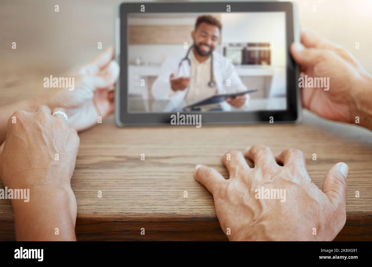 Couple consulting doctor, tablet video call and healthcare, virtual help and medical test, check and screen advice. Home patient people, digital Stock Photo