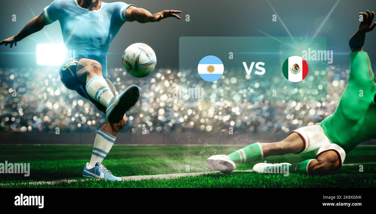 Football soccer players slide tackle for possession of the ball. Match