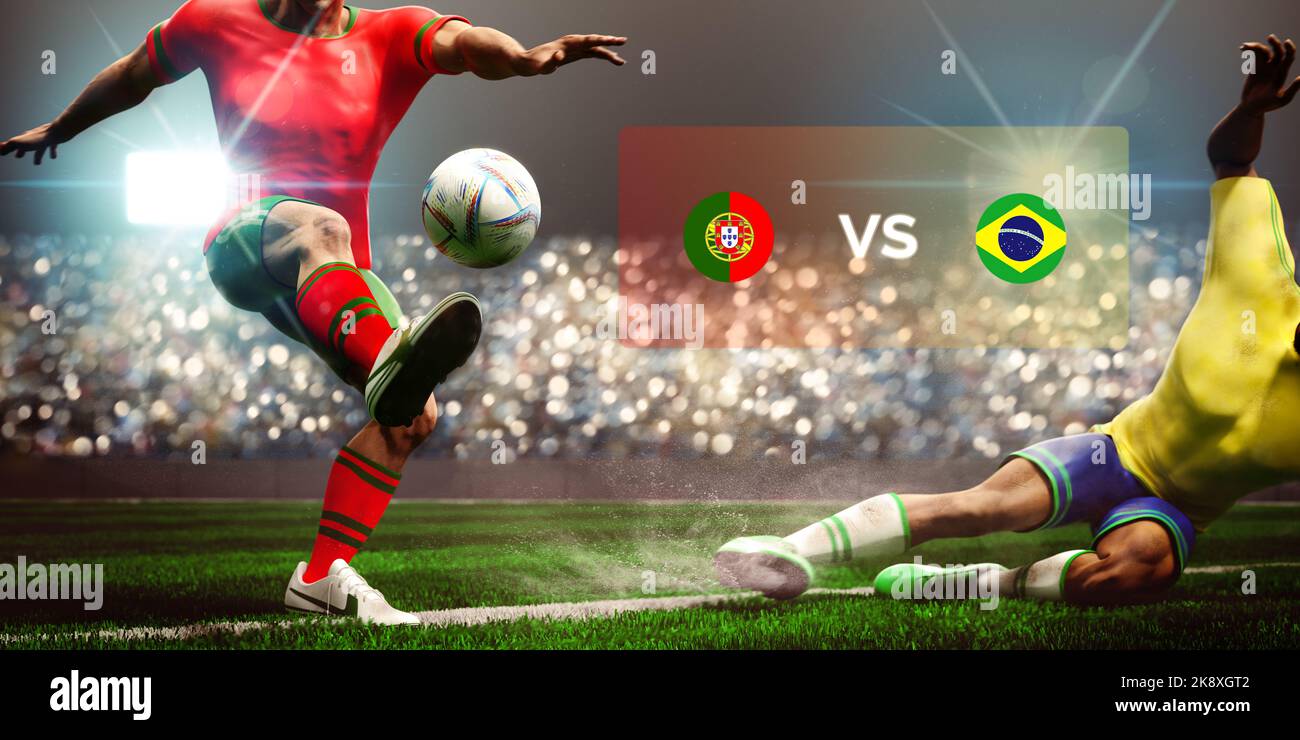 Football soccer players slide tackle for possession of the ball. Match