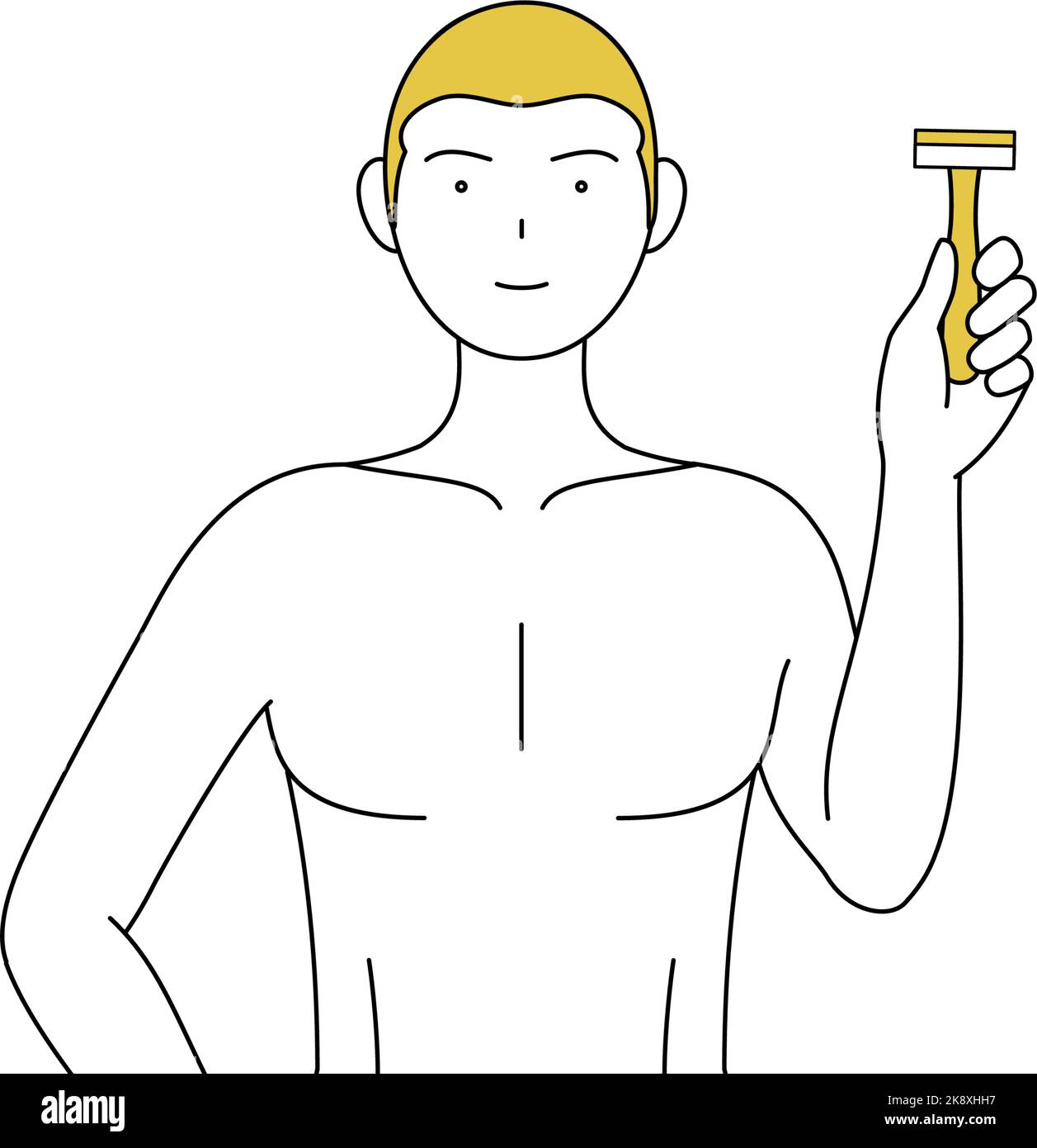 Line drawing of a man with epilated hair, holding a razor blade Stock