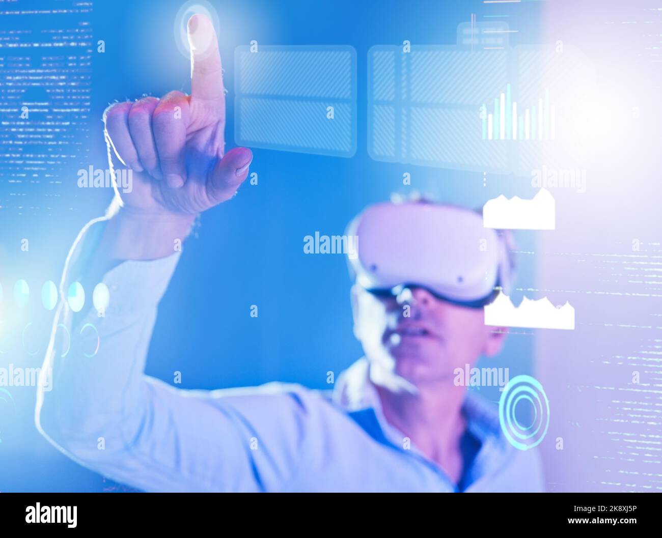 Businessman, metaverse or virtual reality in data analysis, digital transformation ai or neon future company chart. Finance worker, hand and Stock Photo
