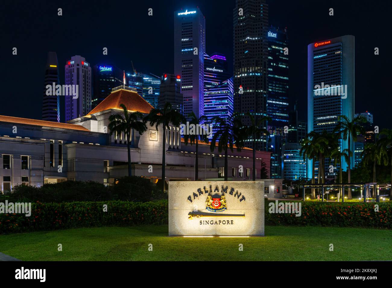 The Singapore Parliament Building taken at night Stock Photo