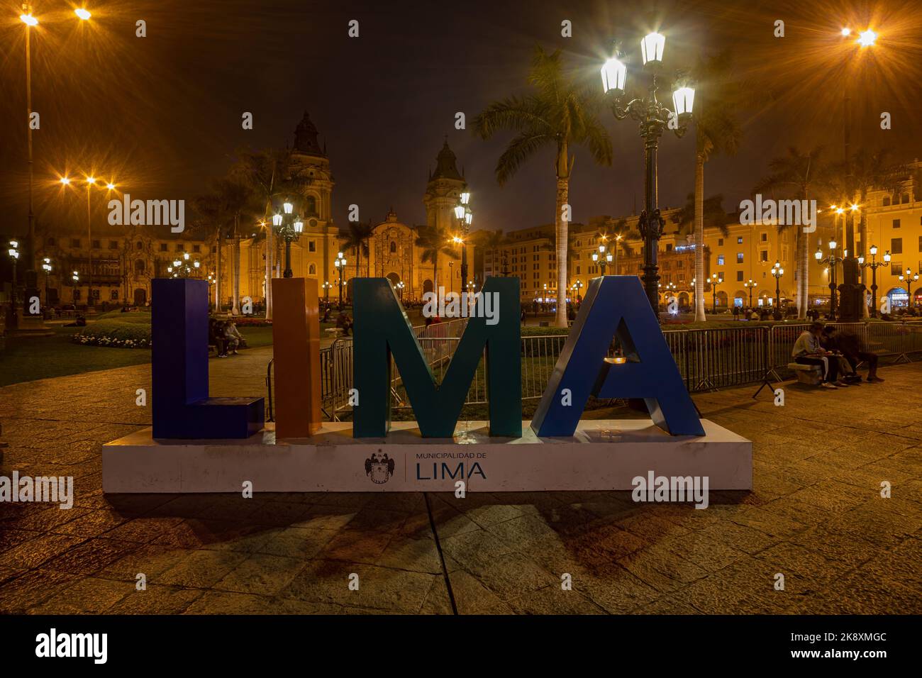 Lima, Peru - September 10, 2022: Lima lettering at Plaza De Amaz in Lima at night. Stock Photo