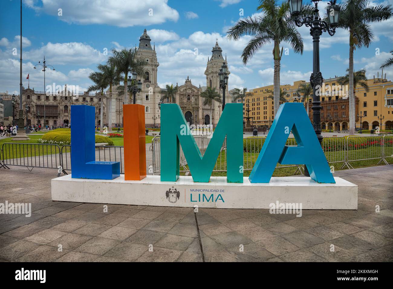 Lima, Peru - September 10, 2022: Lima lettering at Plaza de Armas, main square in Lima. Stock Photo