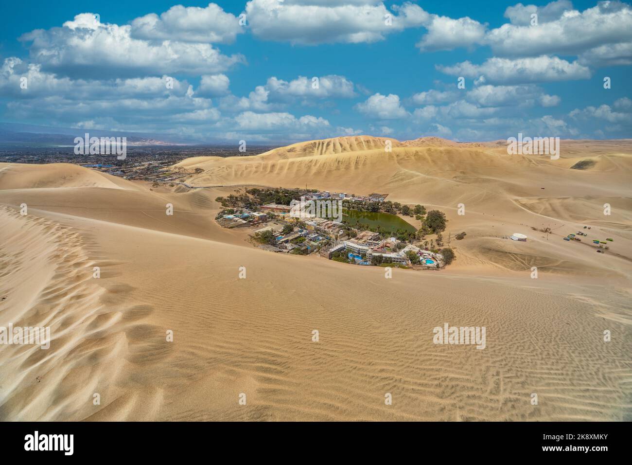 Wide angle view of the desert oasis of Huacachina in Peru. Stock Photo