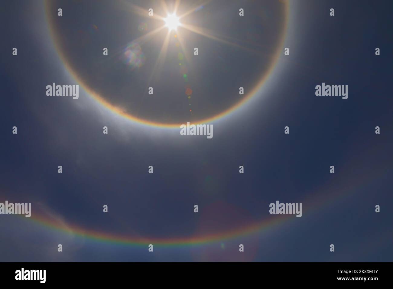 Double solar halo over Lake Titicaca in Puno,Peru on September 21, 2022 Stock Photo