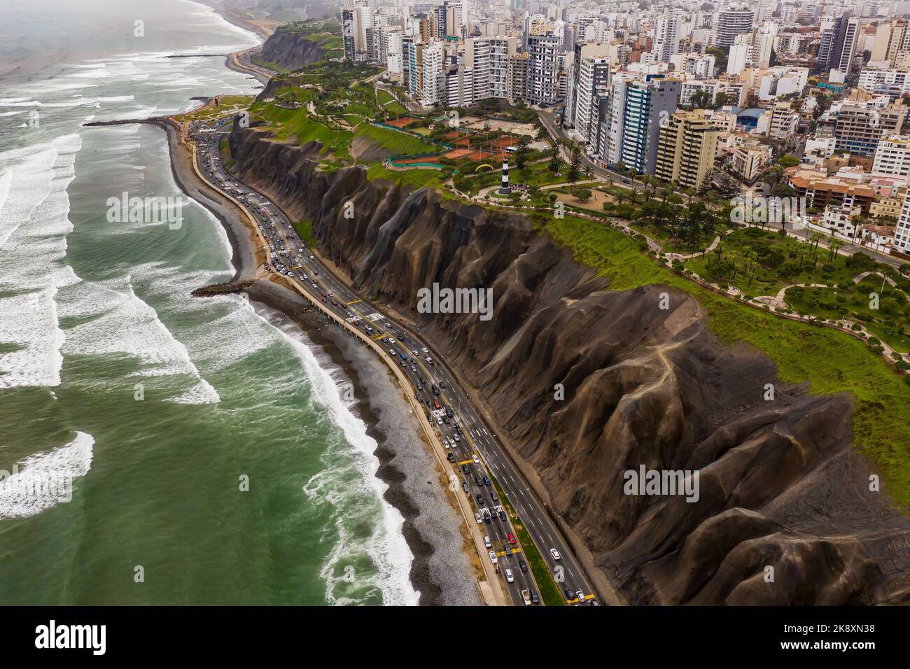 Aerial view of the Miraflores town, cliff and the Costa Verde high way in Lima, Peru. Stock Photo