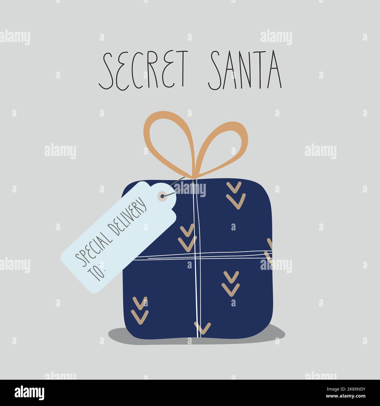 Stylish vector illustration with gift box, tag Special delivery, Lettering Secret Santa. Can use for card, sending of mail, banner Stock Vector
