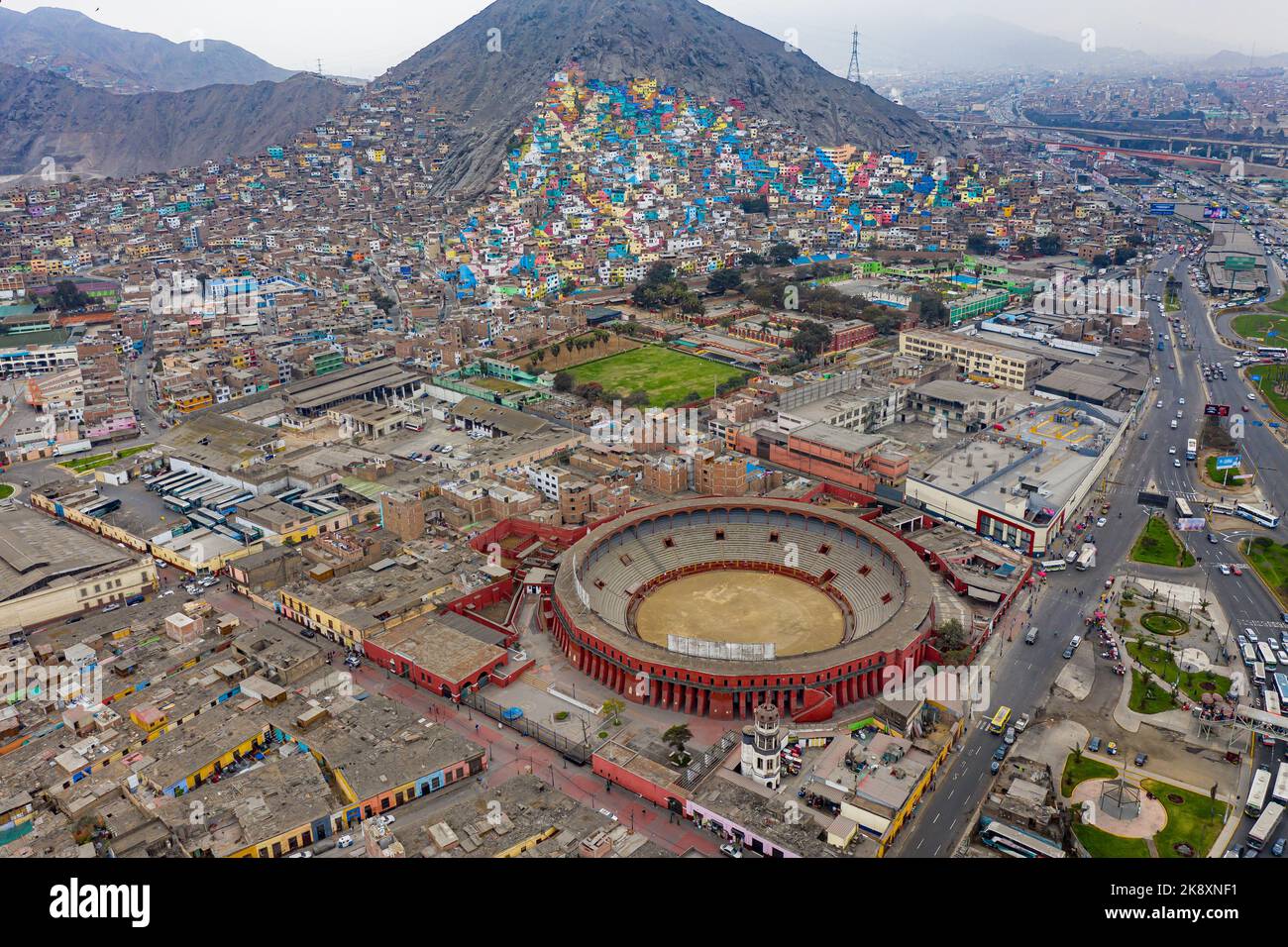 Aerial view of the Plaza de Toros de Acho, the largest bullring in the Peruvian capital Lima, and at the same time the oldest in the country and the e Stock Photo