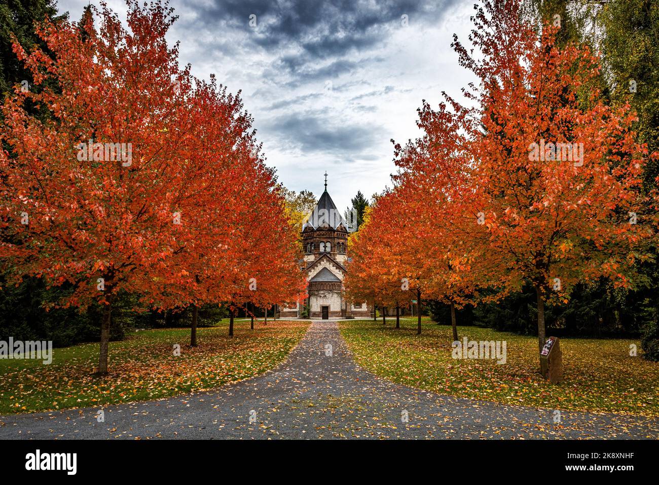 A building in Goettingen between autumn trees under a dramatic sky, Germany Stock Photo