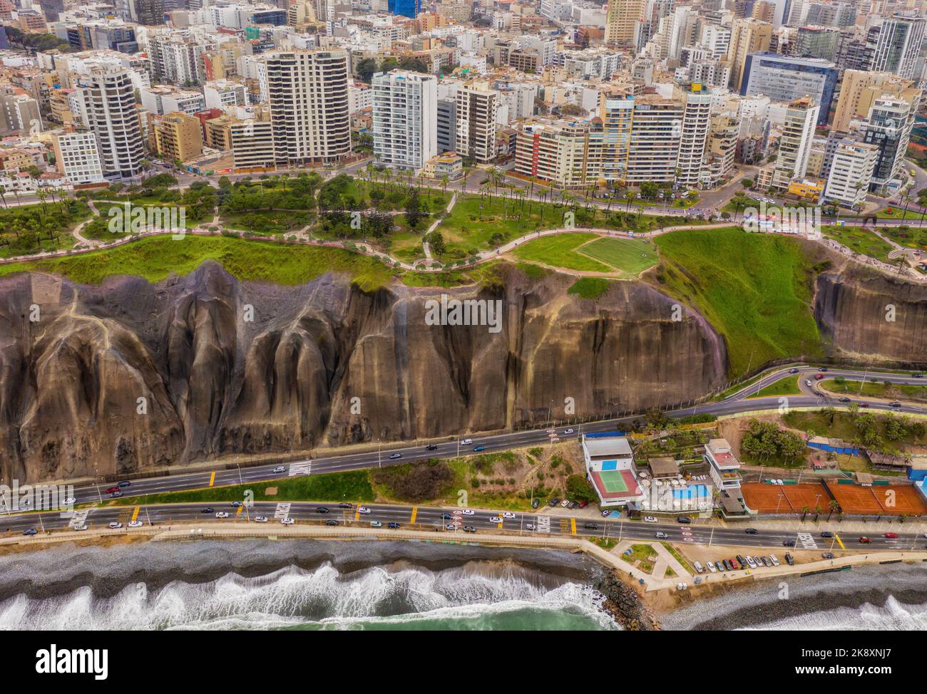 Aerial view of the Miraflores town, cliff and the Costa Verde high way in Lima, Peru. Stock Photo