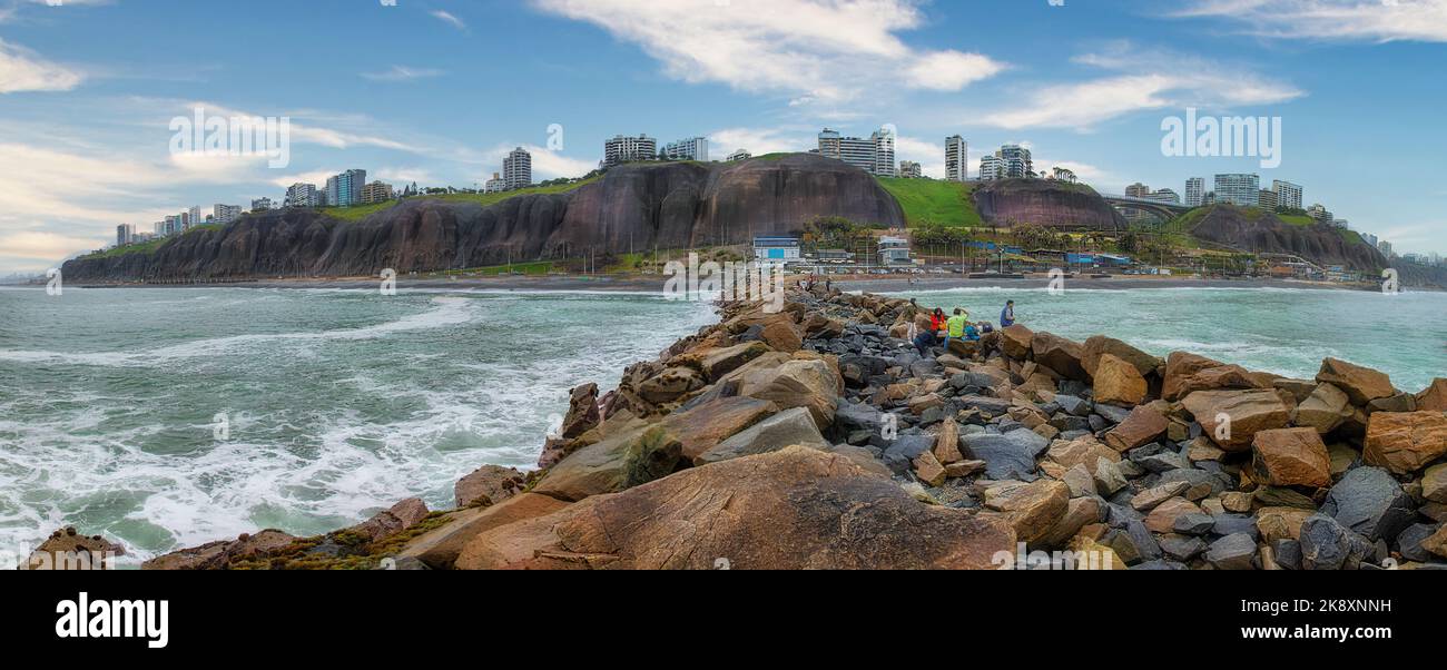 Lima, Peru - September 11, 2022: Panoramic image of Miraflores town, cliff and the the Green Coast, Costa Verde. Stock Photo