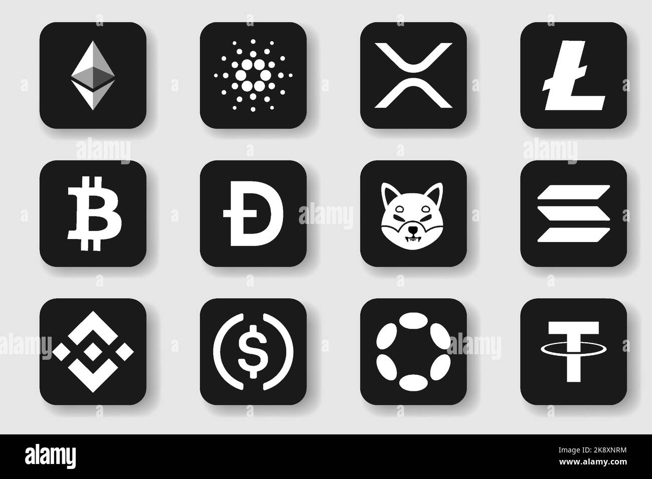 Cryptocurrency logo set. Set of cryptocurrency icons. Bitcoin, Ethereum, Cardano, Binance, Tether,Uniswap, Polkadot, Dogecoin, XRP, Litecoin Stock Vector