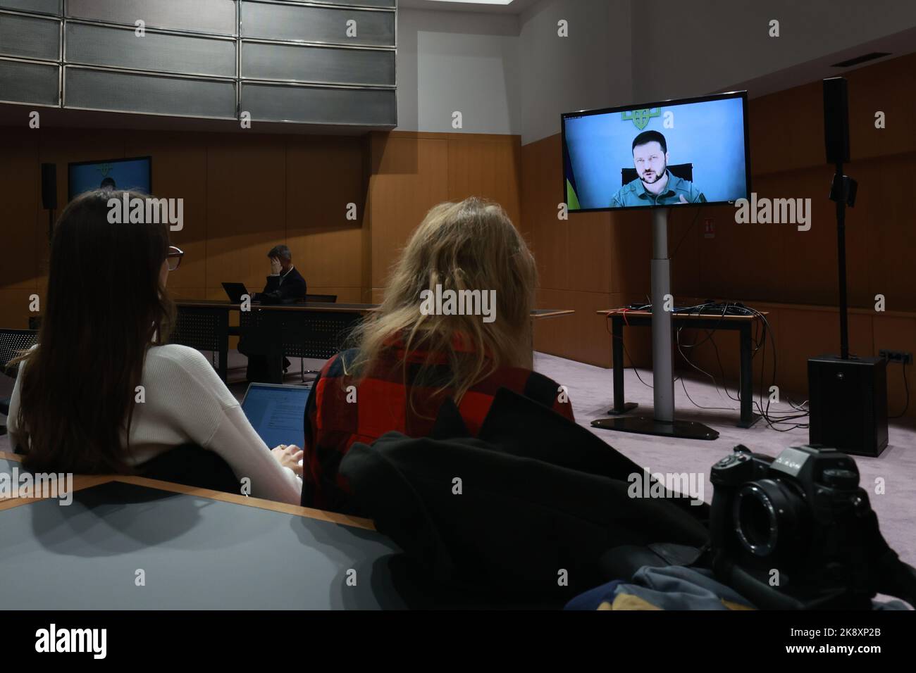 Ukrainian president Volodymyr Zelensky delivers a video address to the participants of the First Parliamentary Summit of the International Crimean Platform in Zagreb, Croatia on October 25, 2022. Photo: Sanjin Strukic/PIXSELL Stock Photo