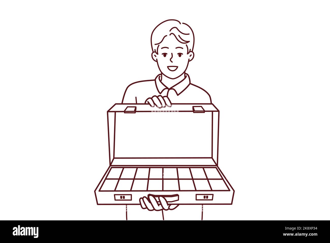 Smiling young man hold briefcase with dollar bills inside. Happy rich