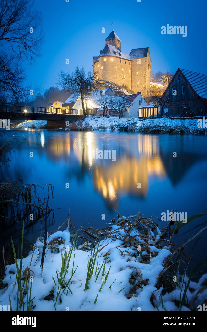 A vertical shot the Falkenberg castle on a cold night located in Sweden Stock Photo