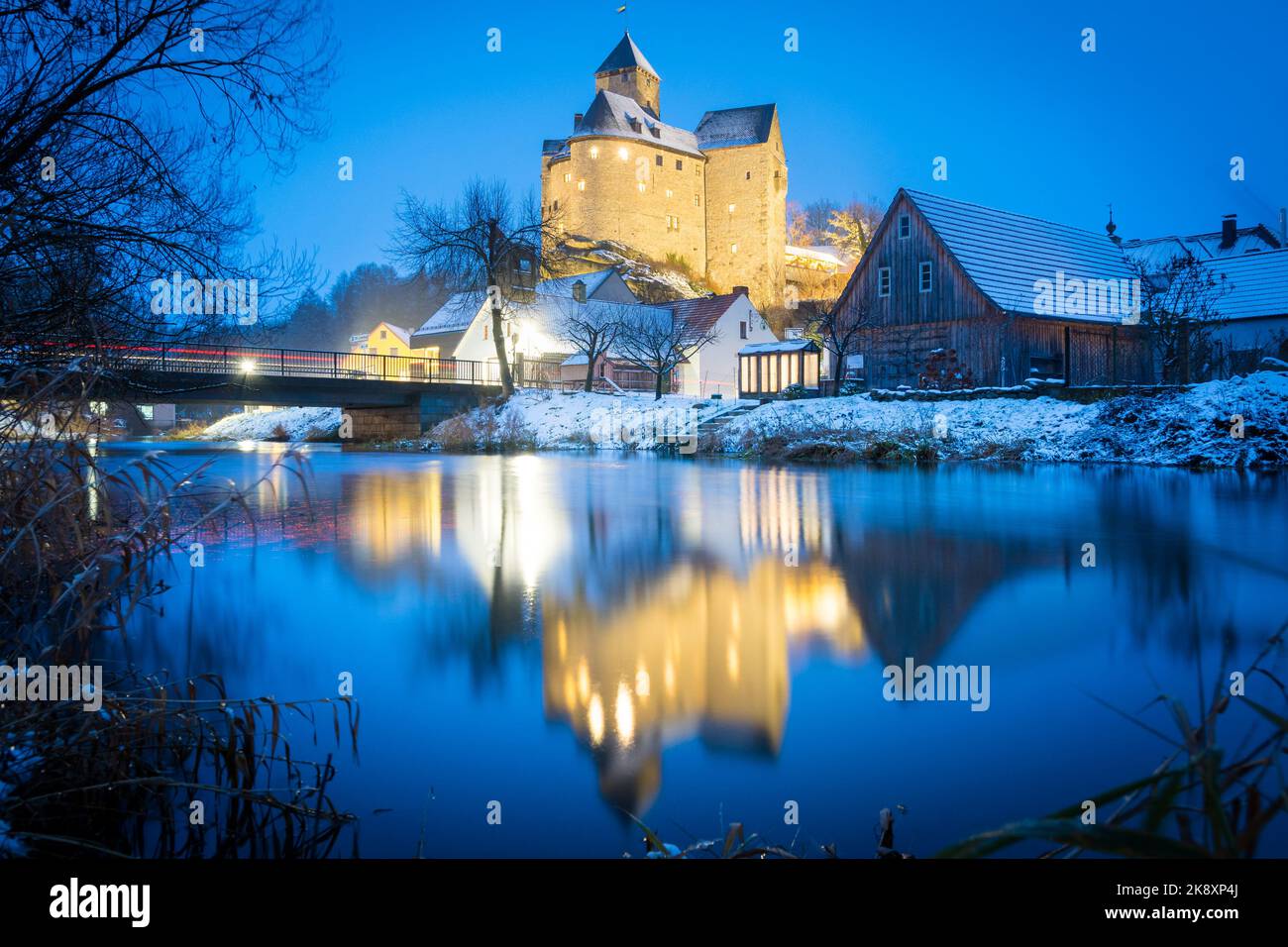 A scenic view of the Falkenberg castle on a cold night located in Sweden Stock Photo
