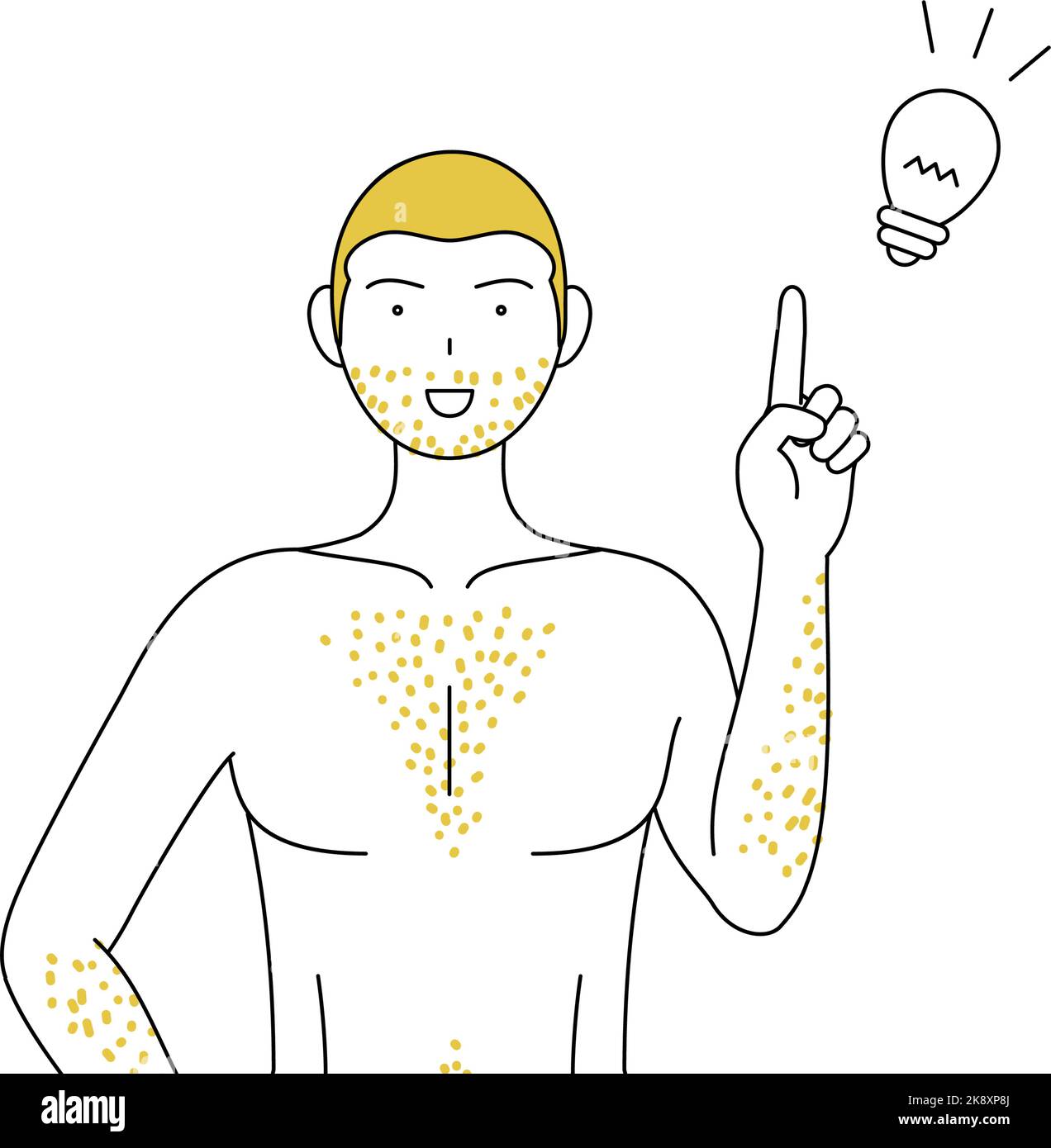 Line drawings of men suffering from thick body hair, pointing in an