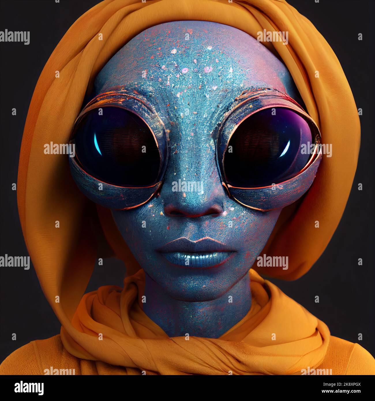 A 3d render of a blue extraterrestrial wearing an orange headscarf Stock Photo