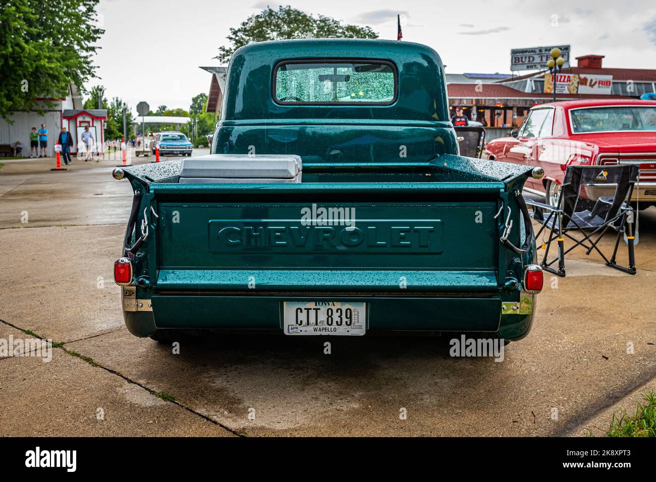 Des Moines, IA - July 01, 2022: Low perspective rear view of a 1949 Chevrolet 3100 Stepside Pickup Truck at a local car show. Stock Photo