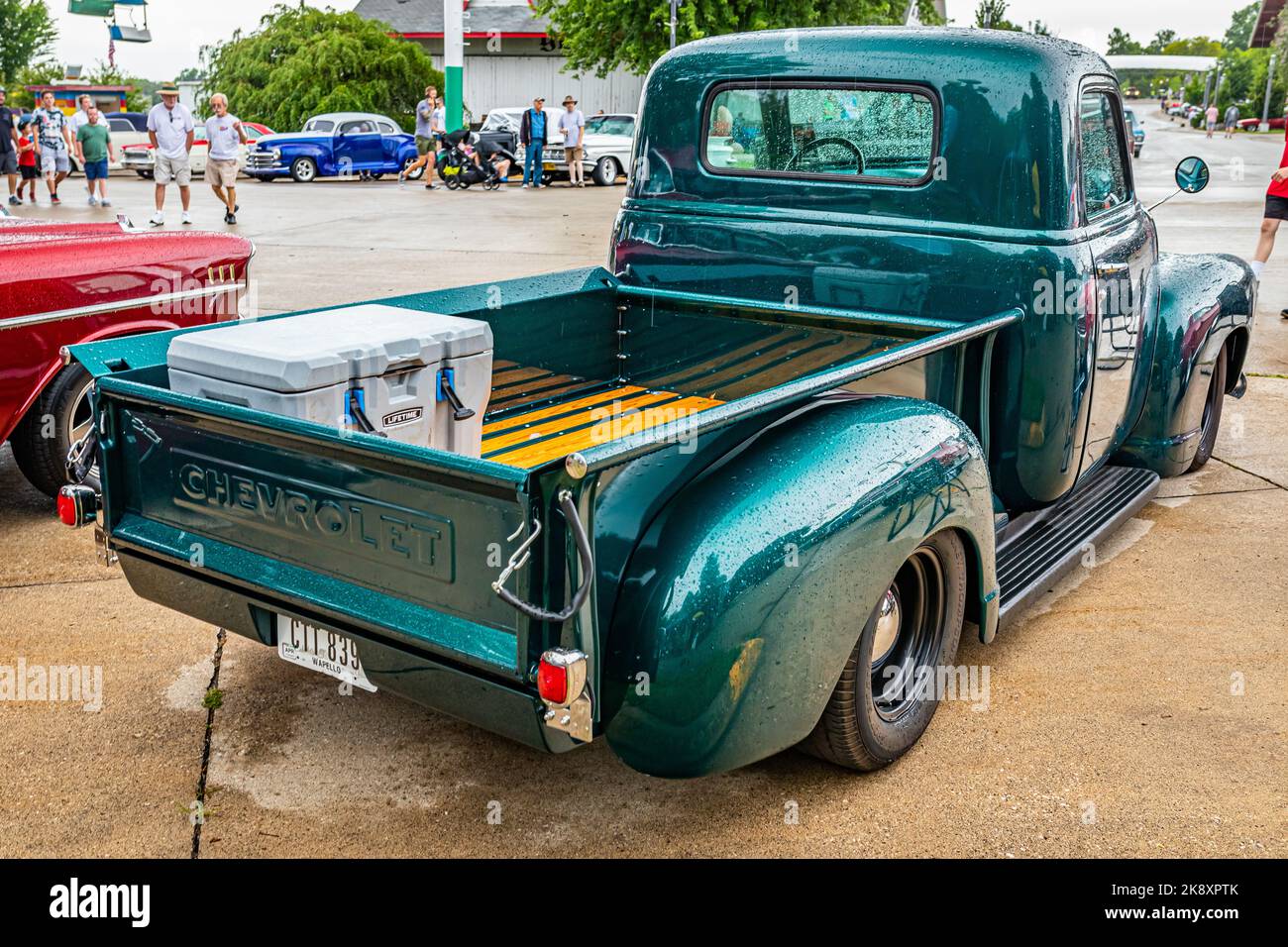 Des Moines, IA - July 01, 2022: High perspective rear corner view of a 1949 Chevrolet 3100 Stepside Pickup Truck at a local car show. Stock Photo