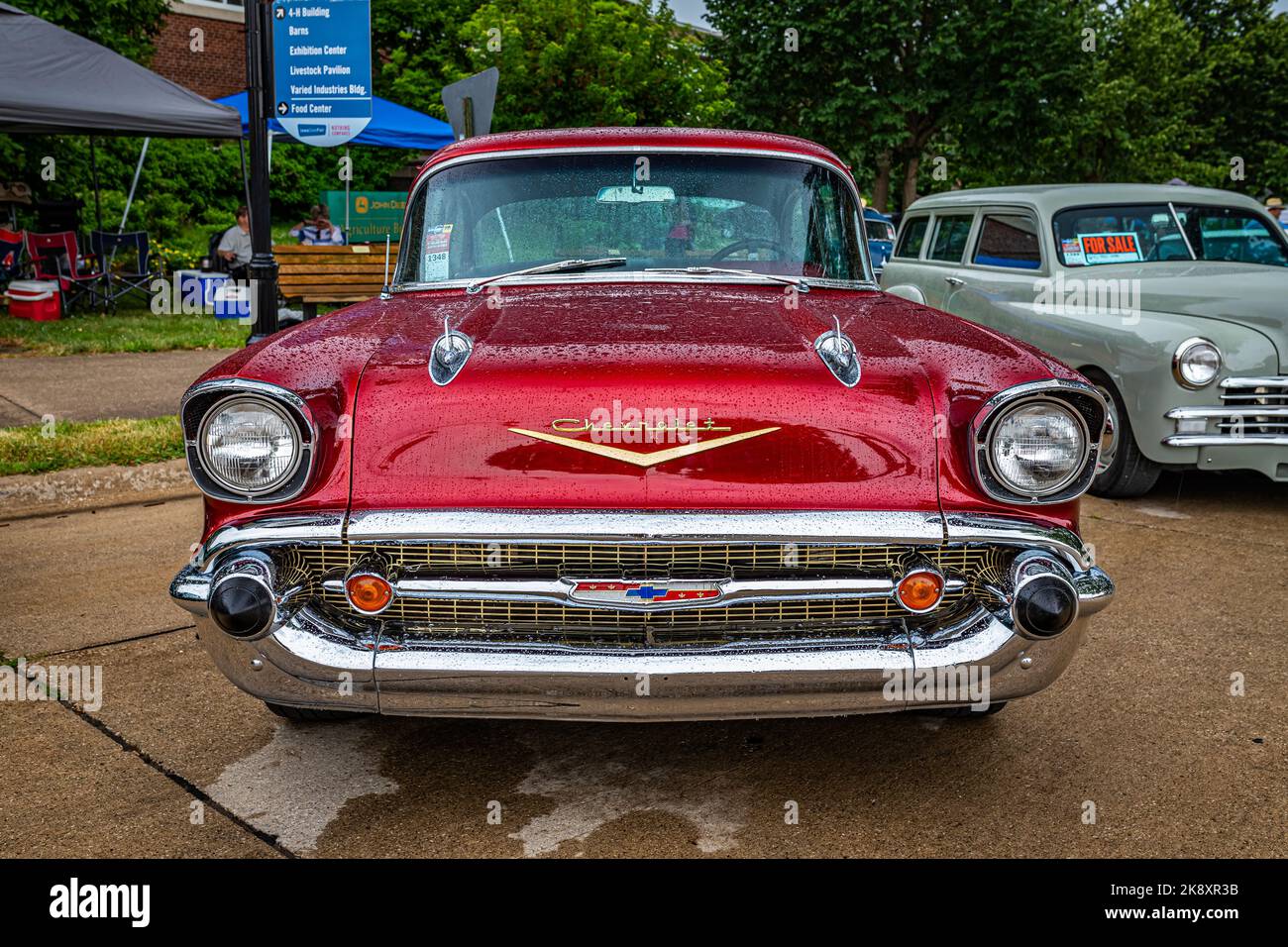 Des Moines, IA - July 01, 2022: High perspective front view of a 1957 Chevrolet BelAir Coupe at a local car show. Stock Photo