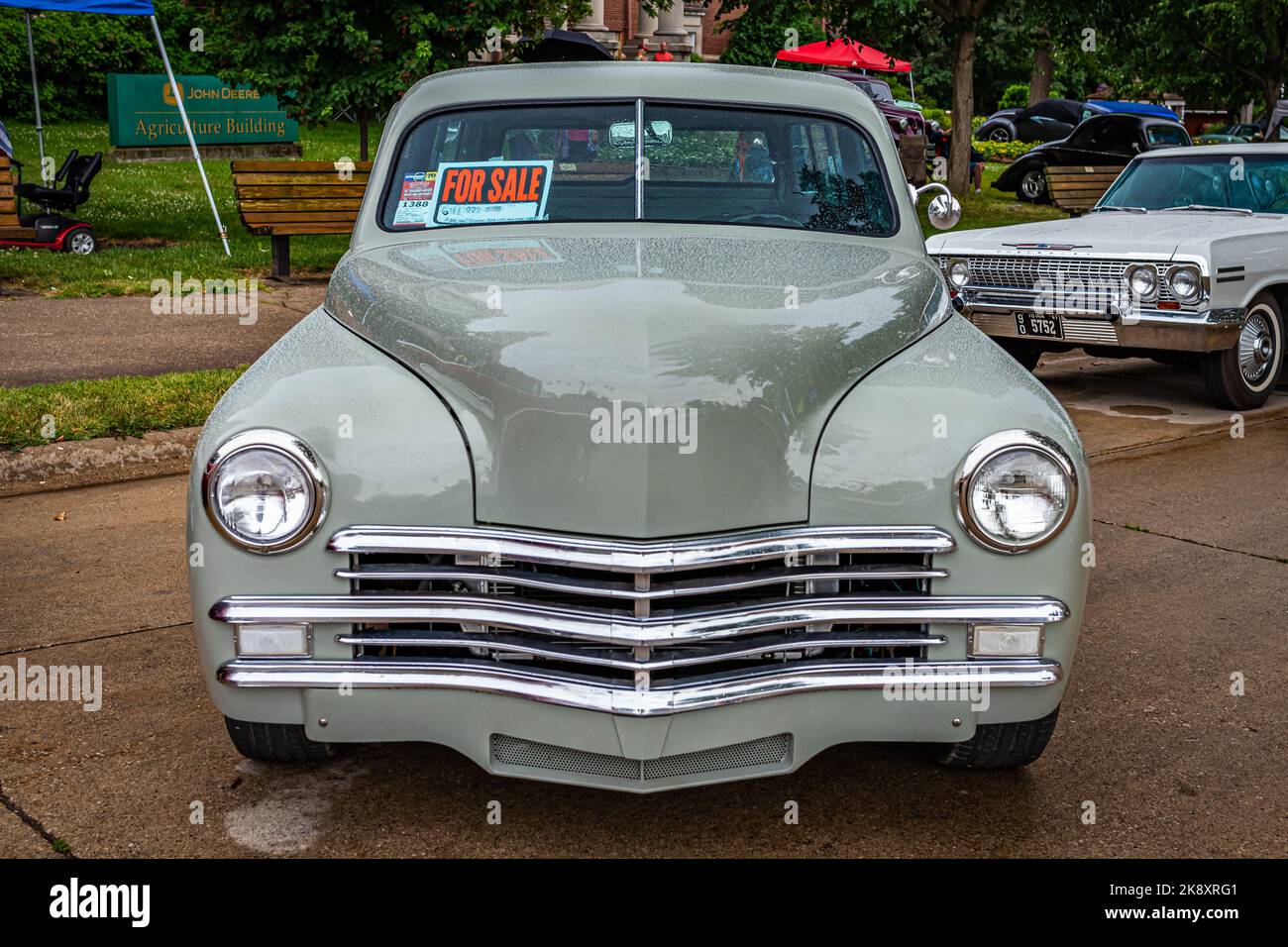 Des Moines, IA - July 01, 2022: High perspective front view of a 1949 Plymouth Suburban 2 Door Wagon at a local car show. Stock Photo