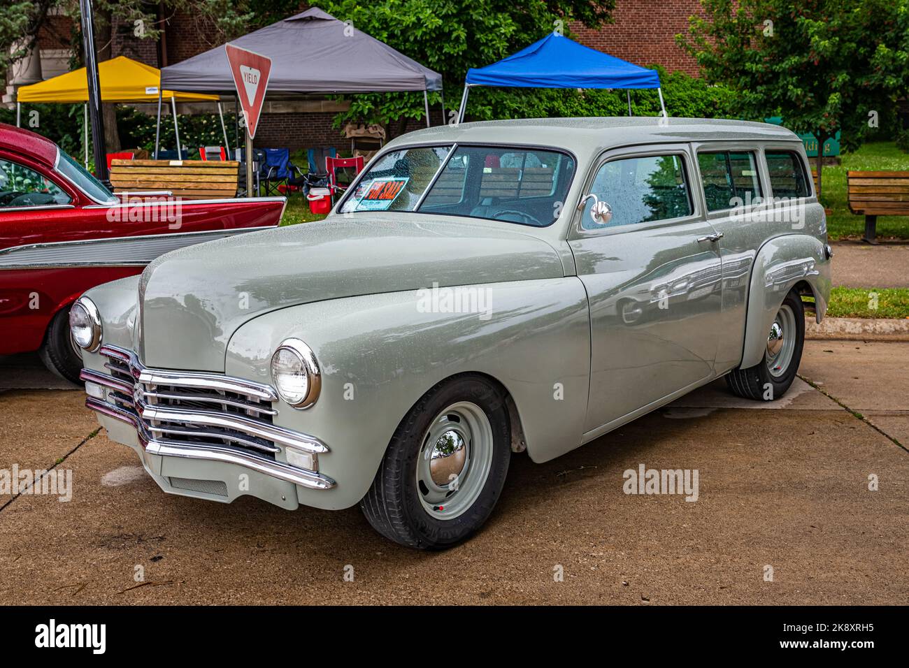 Des Moines, IA - July 01, 2022: High perspective front corner view of a 1949 Plymouth Suburban 2 Door Wagon at a local car show. Stock Photo