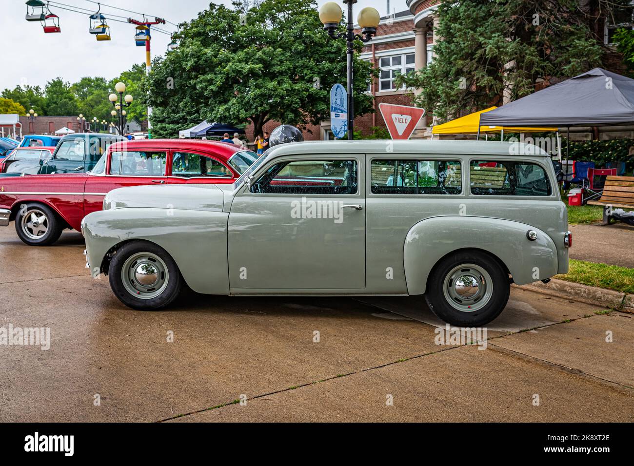 Des Moines, IA - July 01, 2022: High perspective side view of a 1949 Plymouth Suburban 2 Door Wagon at a local car show. Stock Photo