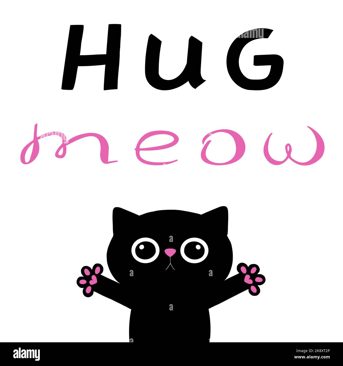 Hand drawn love card with hugging cat and compilation of text. Vector illustration of cute black cat on white background. Love card. Hug me cat Stock Photo