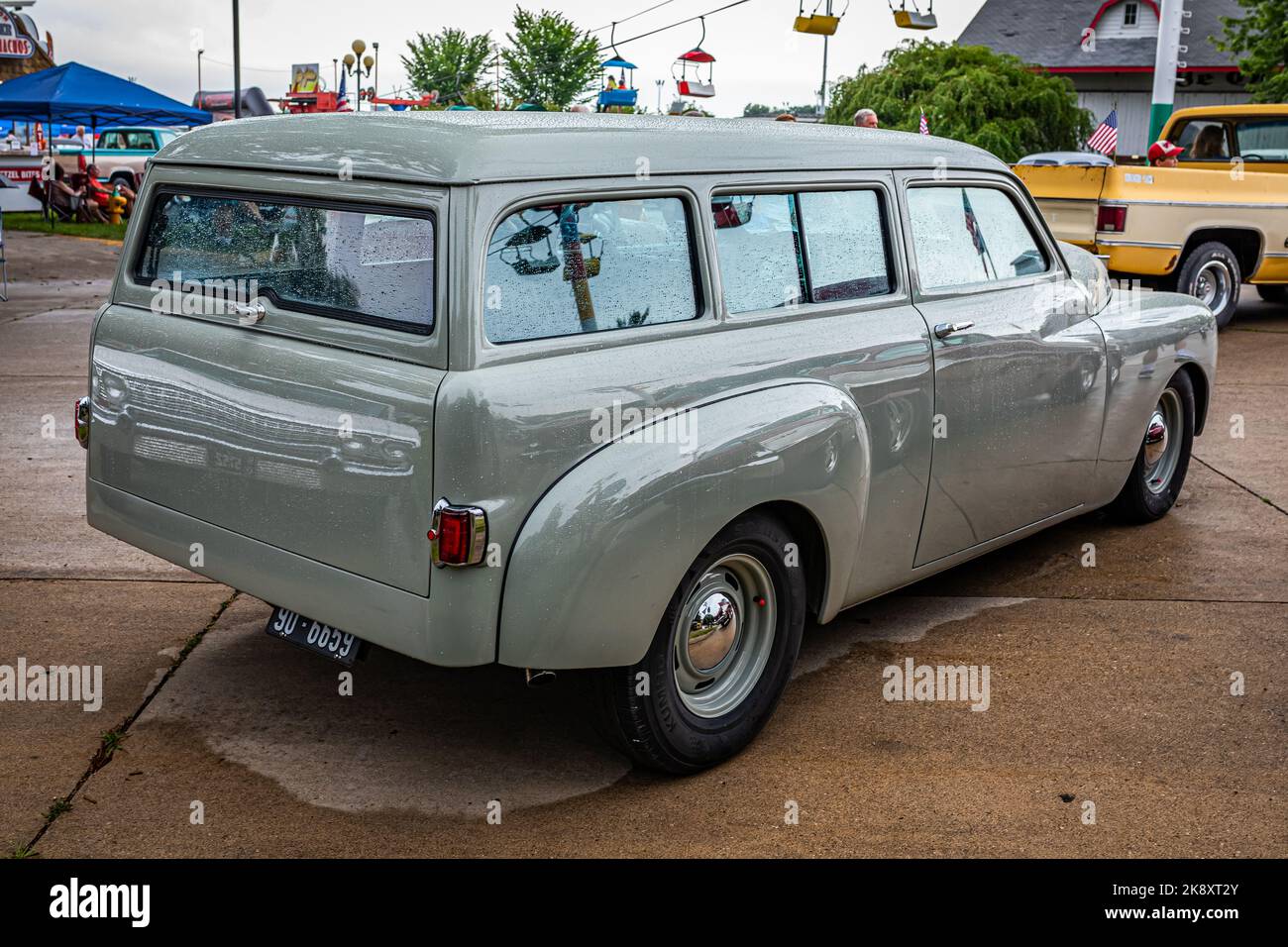 Des Moines, IA - July 01, 2022: High perspective rear corner view of a at a 1949 Plymouth Suburban 2 Door Wagon local car show. Stock Photo