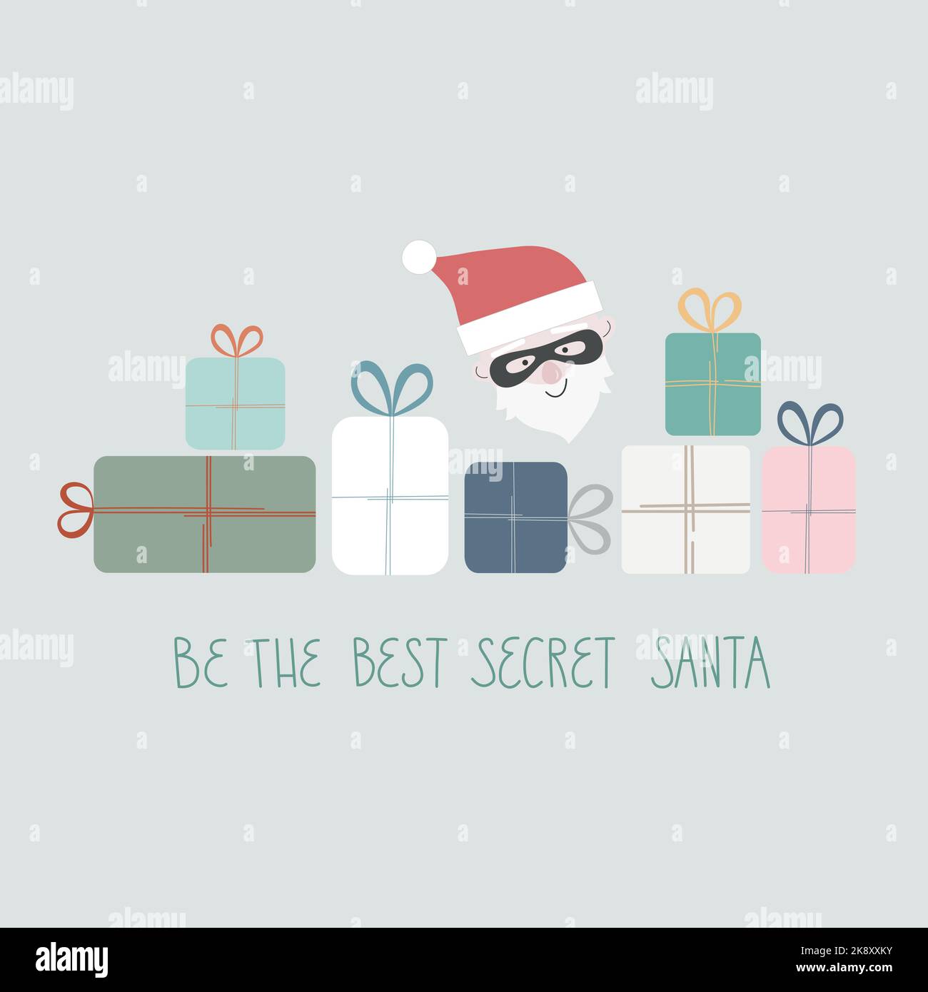 Vector illustration Lettering Be the best Secret Santa. Gifts with Santa in mask. Anonym is giving present his collegues, friends Stock Vector