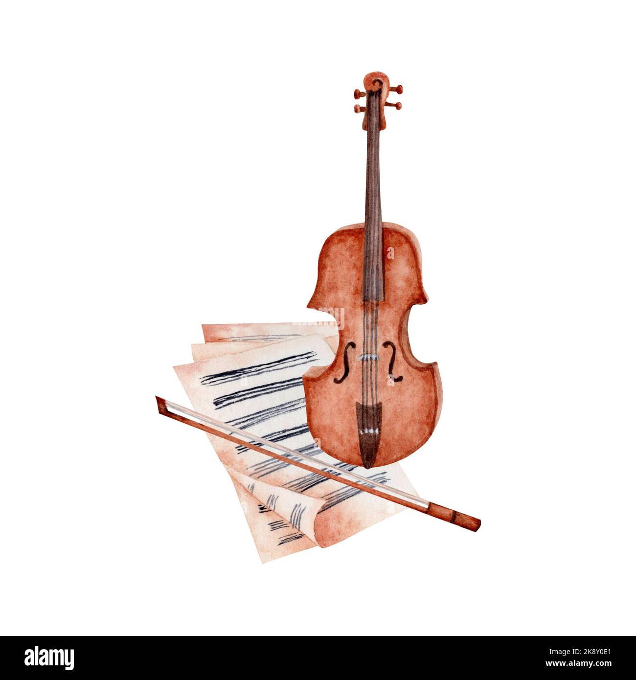 Classical Sheet Music with Violin and Bow watercolor illustration