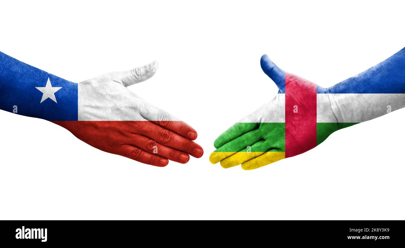 Handshake between Central African Republic and Chile flags painted on