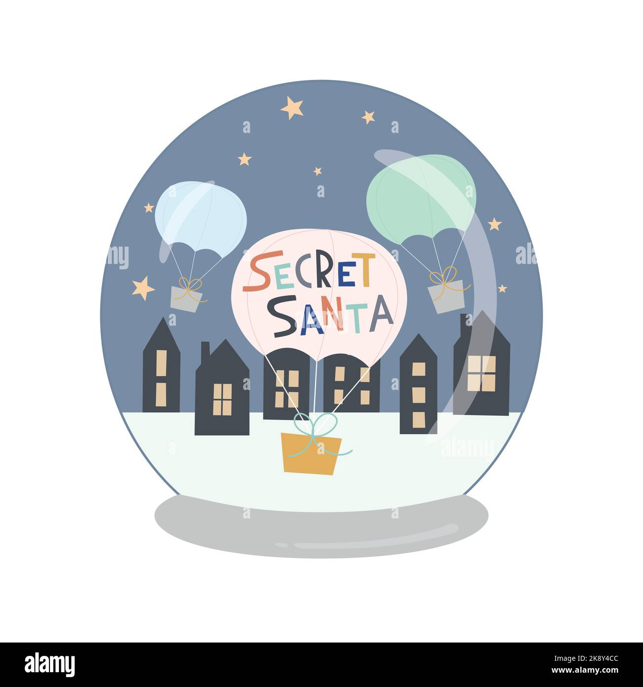 Lettering Secret Santa, Snow ball, delivery of gift by parachute. Concept vector illustration. Stock Vector