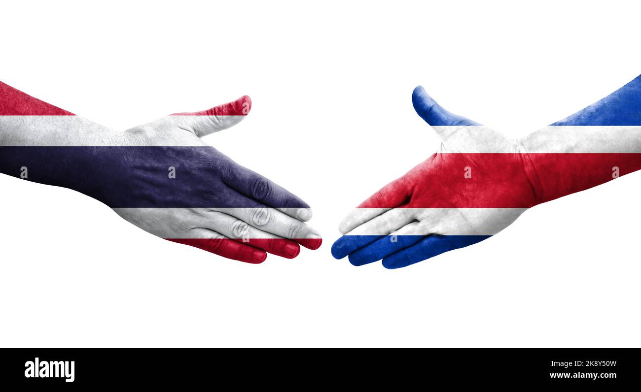 Handshake between Costa Rica and Thailand flags painted on hands