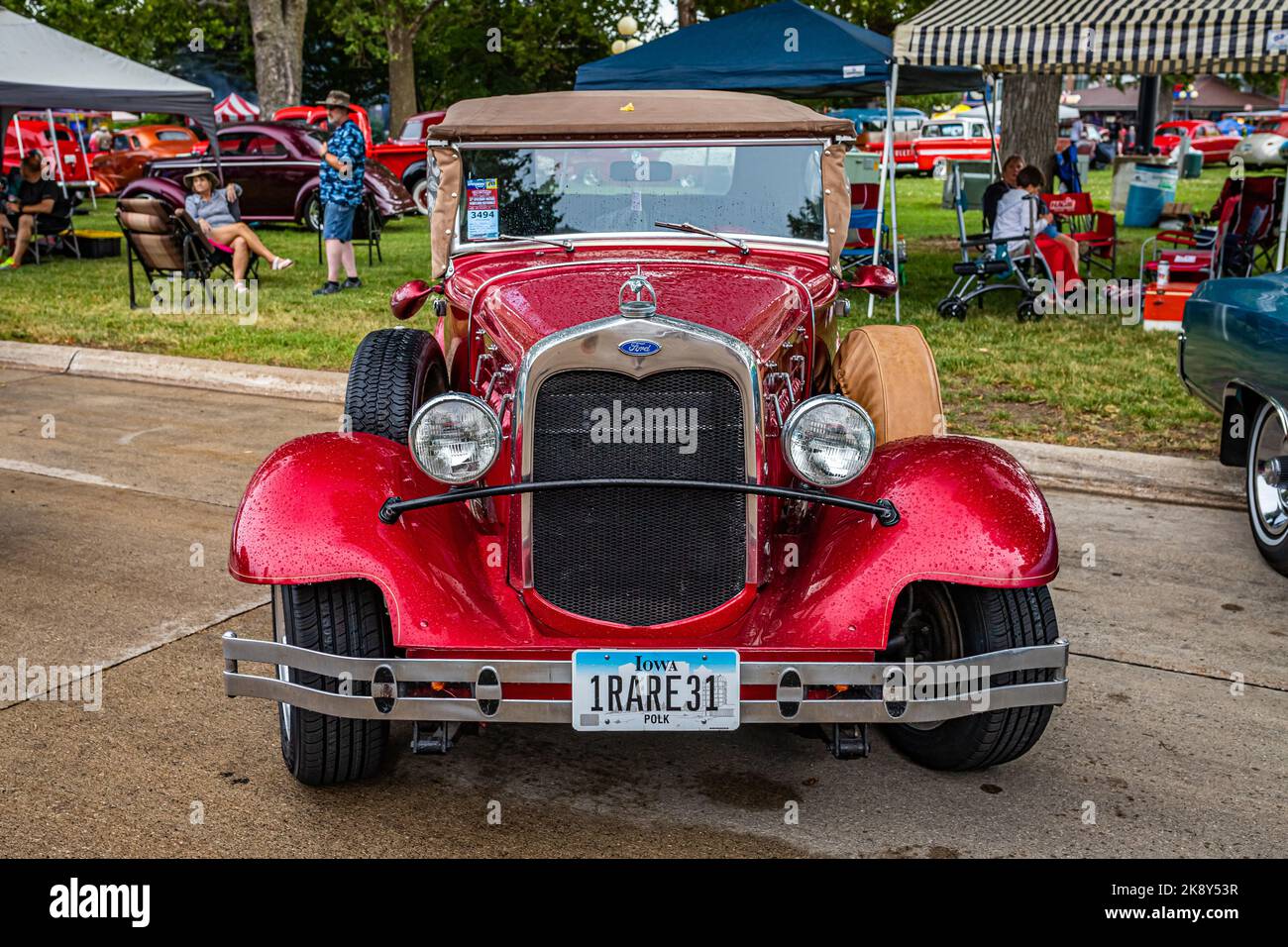 Des Moines, IA - July 01, 2022: High perspective front view of a 1931 Ford Model A Phaeton at a local car show. Stock Photo