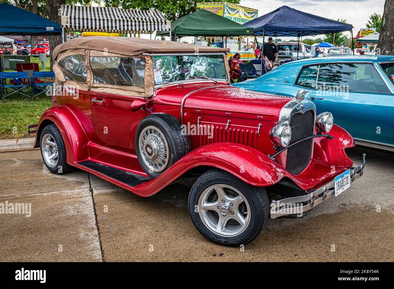 Des Moines, IA - July 01, 2022: High perspective front corner view of a 1931 Ford Model A Phaeton at a local car show. Stock Photo