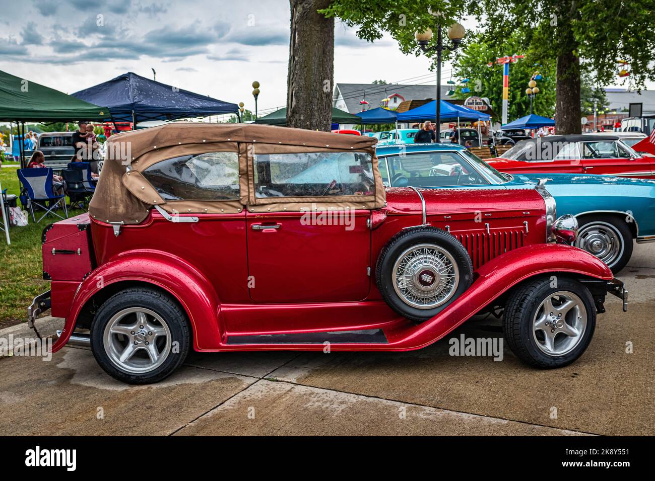 Des Moines, IA - July 01, 2022: High perspective side view of a 1931 Ford Model A Phaeton at a local car show. Stock Photo