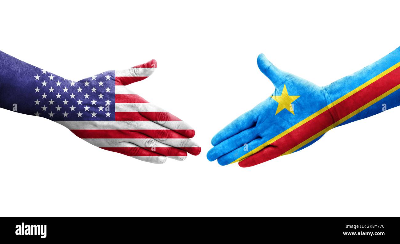 Handshake between Dr Congo and USA flags painted on hands, isolated transparent image. Stock Photo