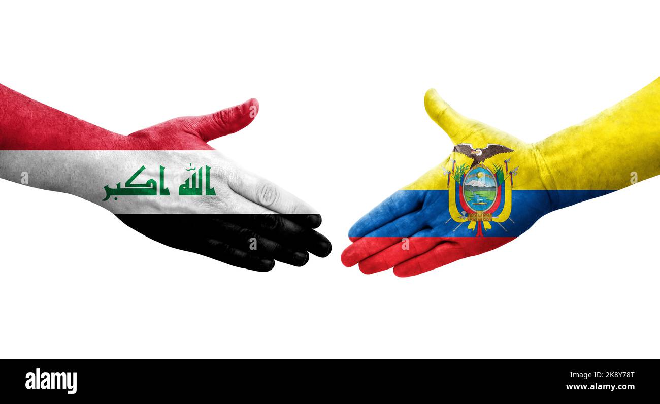 Handshake between Ecuador and Iraq flags painted on hands, isolated transparent image. Stock Photo