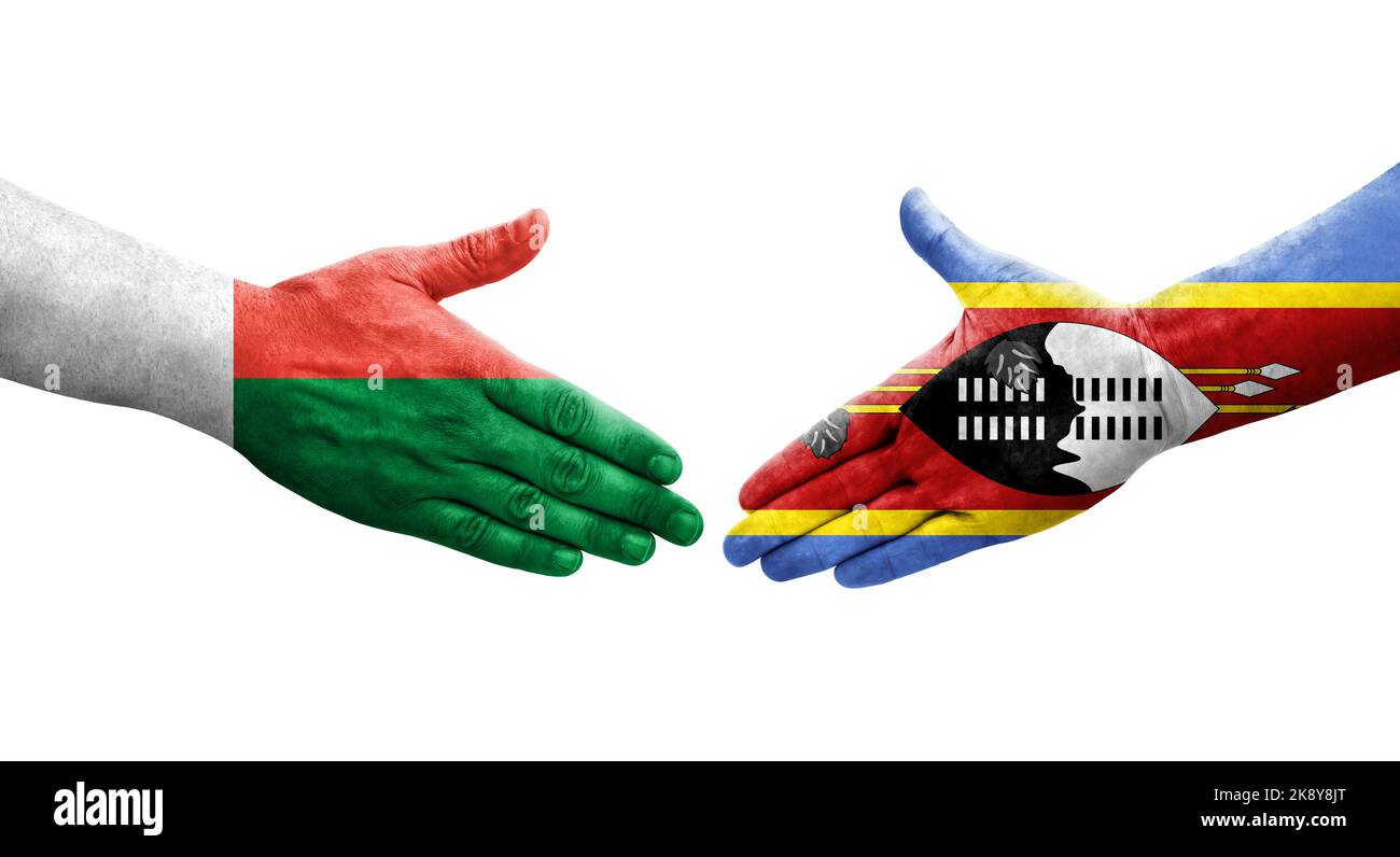 Handshake between Eswatini and Madagascar flags painted on hands ...